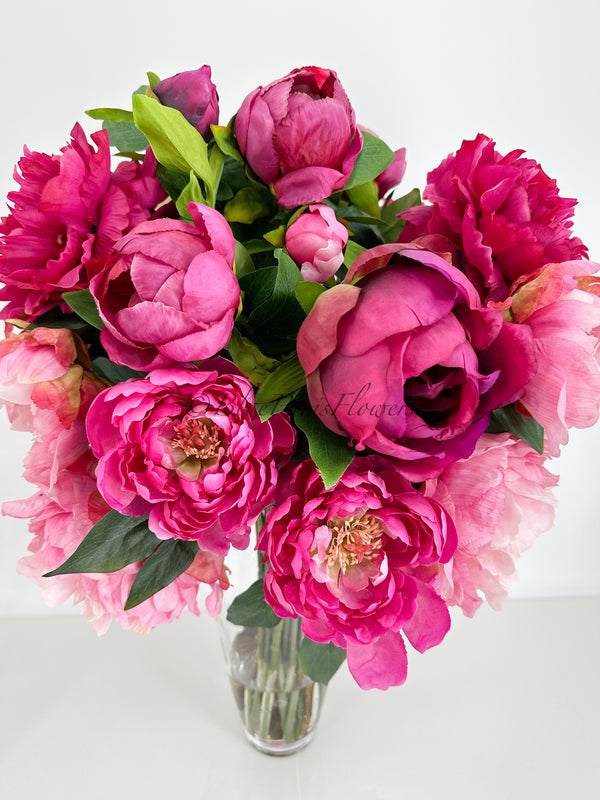 Elegant Pink/Magenta Peony Arrangement Artificial Faux Flower Centerpiece, French Country Floral Decor, Silk Flowers in Vase Home Decor