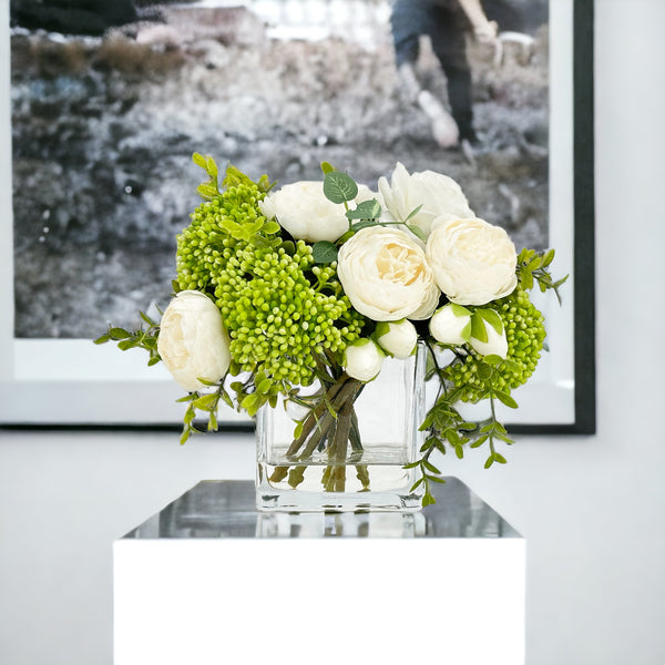 White Peonies and Green/White Real Touch Rose, Berries, Arrangement Artificial Faux Centerpiece, French Floral Flowers in Vase Home Decor