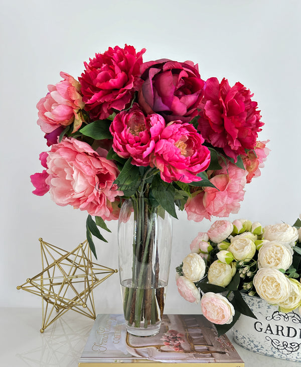 Elegant Pink/Magenta Peony Arrangement Artificial Faux Flower Centerpiece, French Country Floral Decor, Silk Flowers in Vase Home Decor