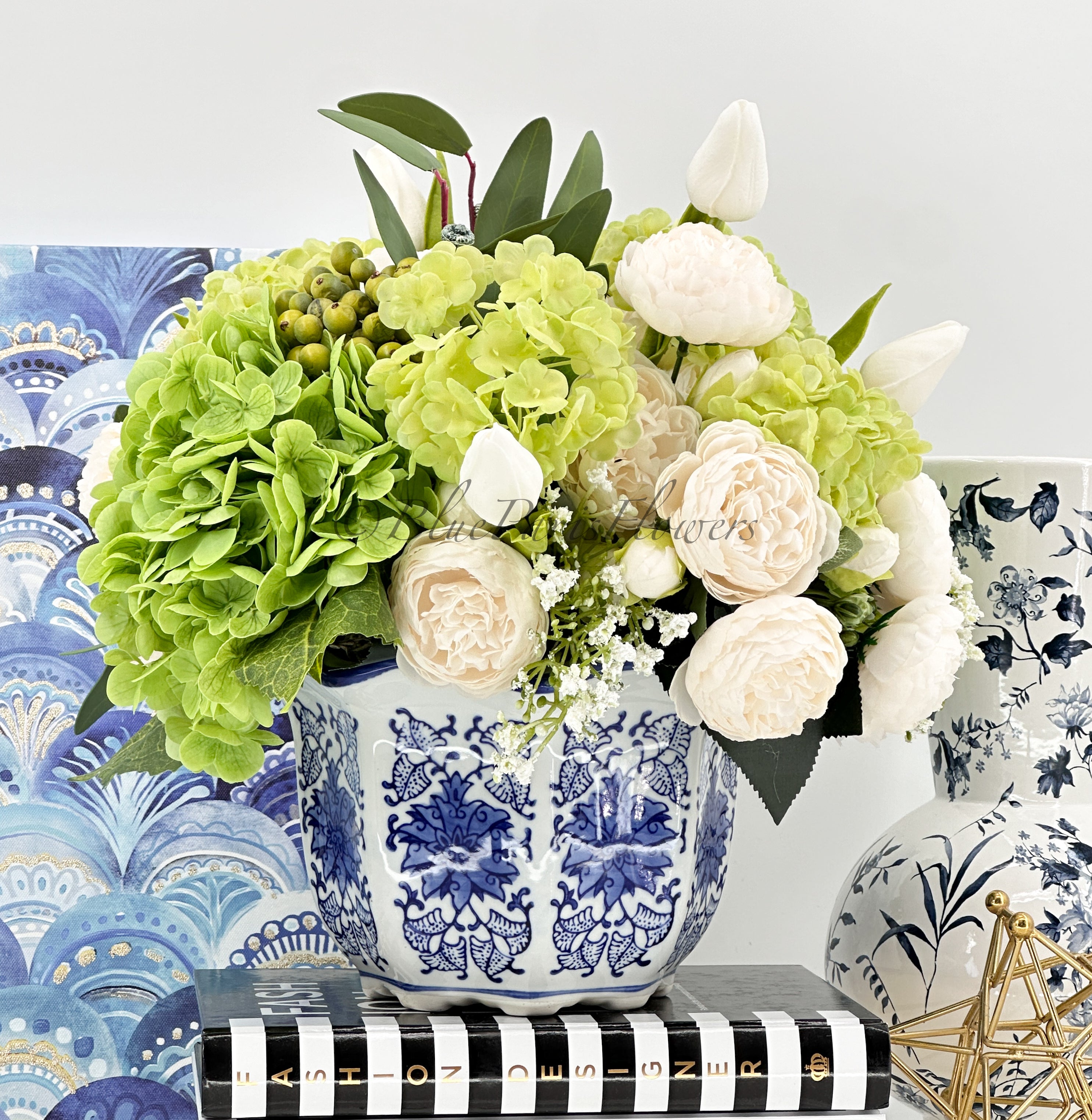 hydrangea and succulent bouquets Floral Arrangement Green Hydrangea Peonies Silk Artificial Flower Centerpiece Faux Silk Arrangement Blue/White Vase Elegant Decor Blue Paris