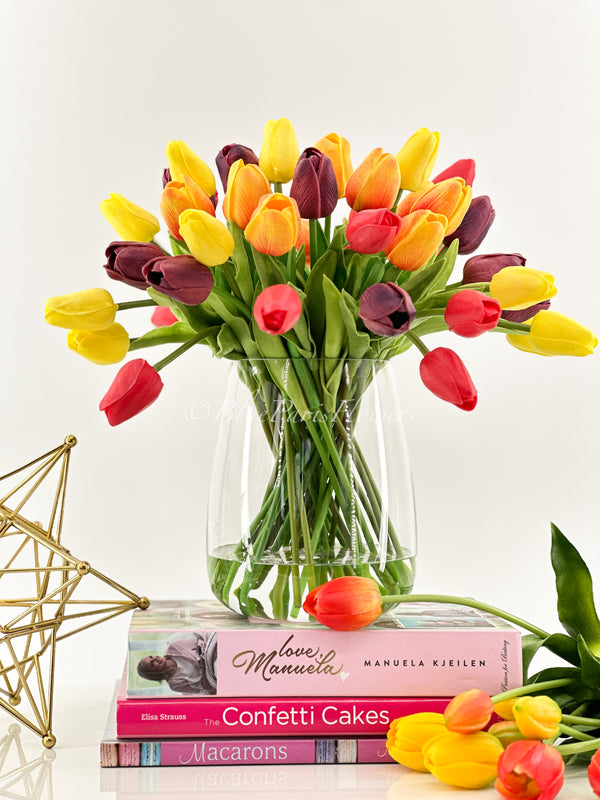 Sunset Embrace - Real Touch 12” Tulips in Glass Vase, Home Decor Faux Flower Arrangement, French Floral Centerpiece Gift/Birthday Home