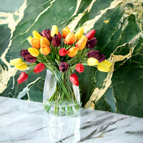 Sunset Embrace - Real Touch 12” Tulips in Glass Vase, Home Decor Faux Flower Arrangement, French Floral Centerpiece Gift/Birthday Home
