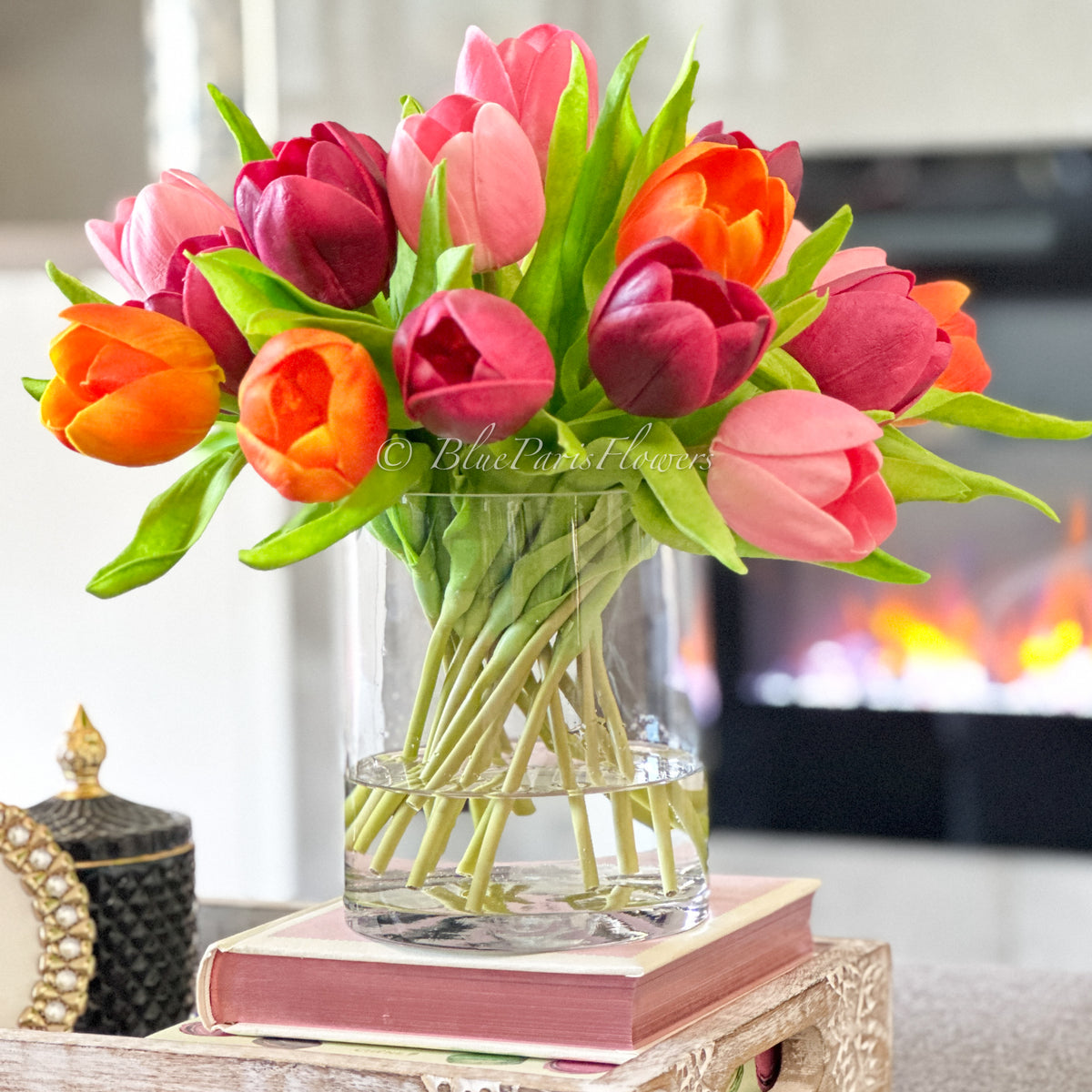 Orange/Pink/Burgundy Real Touch 12” Tulips in Glass Vase, Home Decor F, image size:1200x1200