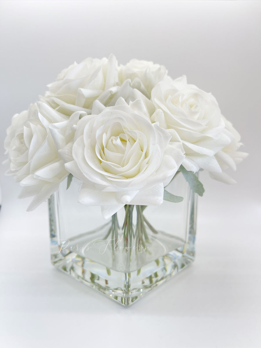 Artificial White Rose Stems in Rectangle Glass Vase