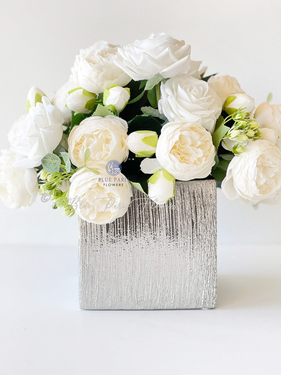 Modern Yellow White Silk Peony Centerpiece In Silver Ceramic Vase – Flovery