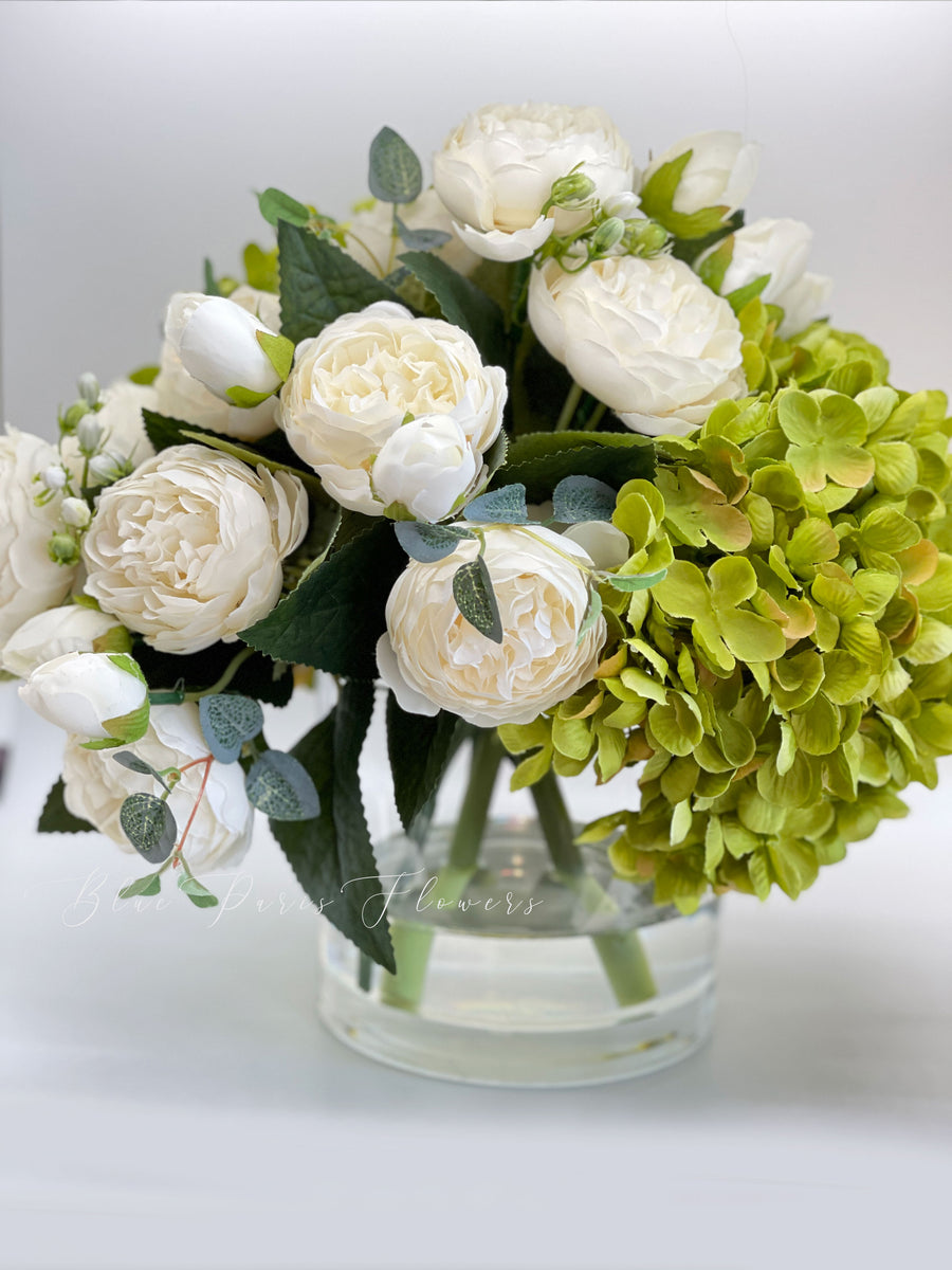 Floral Arrangement, Green White Hydrangeas Silk Artificial Flower Cent –  Blue Paris Flowers