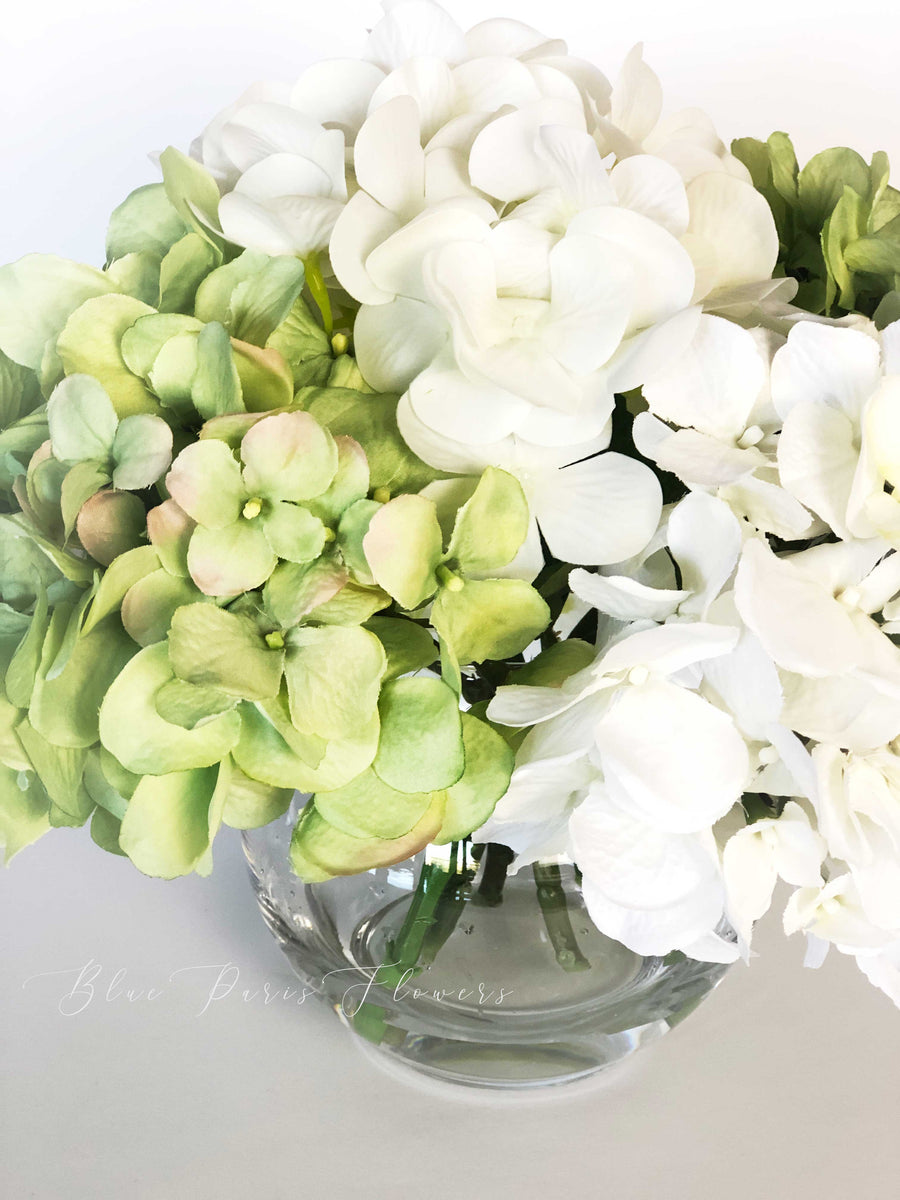 Floral Arrangement, Green White Hydrangeas Silk Artificial Flower Cent –  Blue Paris Flowers