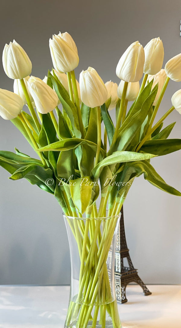 20” White Real Touch Tulips Modern Arrangement Centerpiece | Real Touch Artificial Faux Forever Flowers