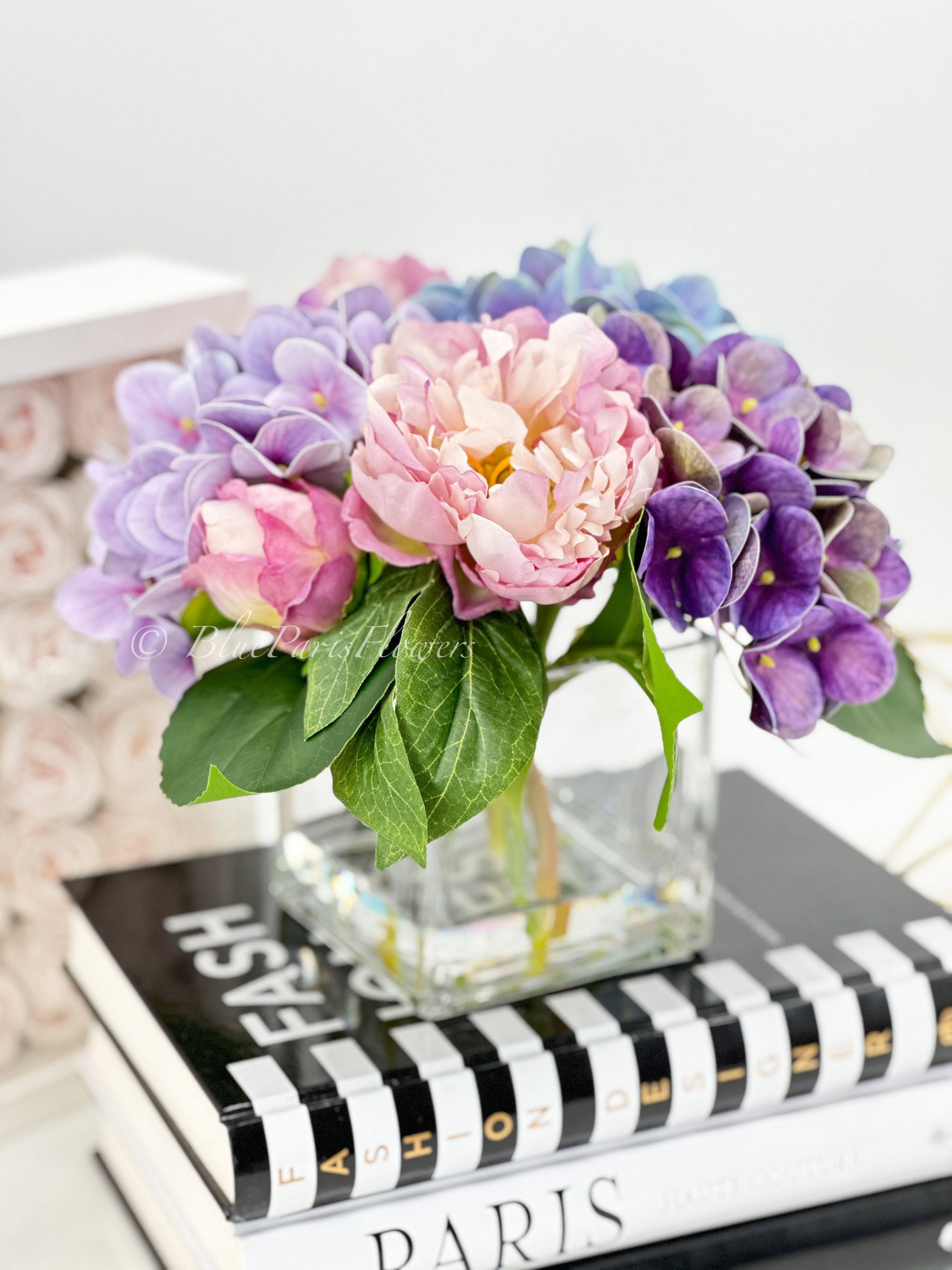 lavender silk flower arrangements Lavender Purple Blue Peonies and Real Touch Hydrangeas Arrangement Artificial Faux Centerpiece, Soft Touch Floral Flowers in Vase Home Decor