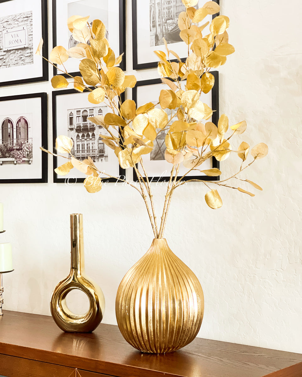 Modern Decor, Gold Silver Dollar Artificial Faux Arrangement in Vase.