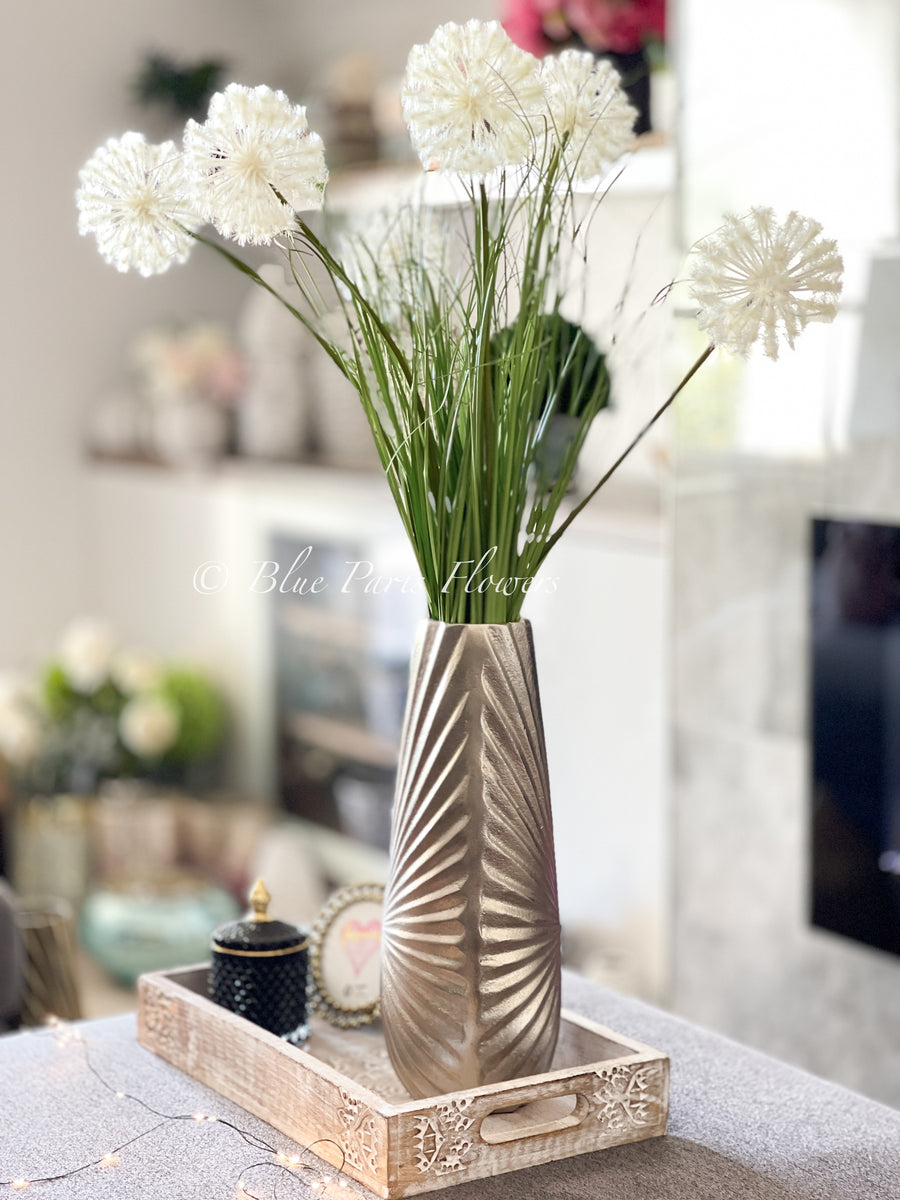 Modern Decor, Tall Dandelions Artificial Faux Arrangement in Vase. Ele Blue Paris Flowers