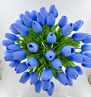 X-Large 60 Light Blue Tulips Modern Faux Floral Arrangement | Real Touch Artificial Faux Forever Flowers in Glass Vase, Faux Flowers in Vase