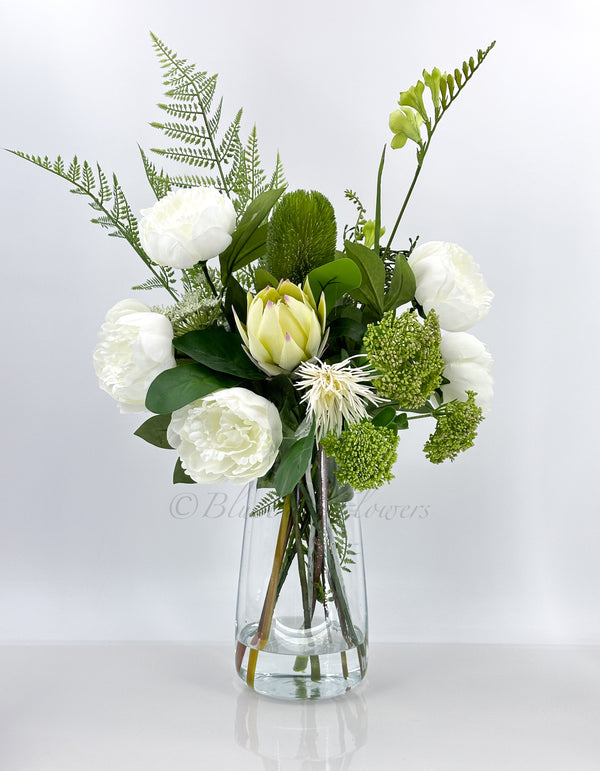 32” Unique French Floral Arrangement, White Silk Peonies, Greens Artificial Flower Centerpiece Faux Silk Arrangement Glass Vase Flower Decor