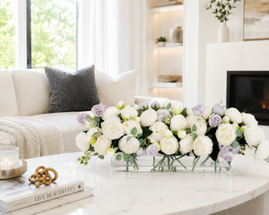 16” White Lavender Rose Peony Arrangement Modern Artificial Faux Centerpiece Floral Flower Arrangement Silk Flowers Glass Vase French Decor