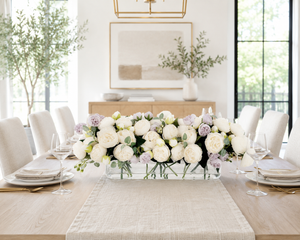 16” White Lavender Rose Peony Arrangement Modern Artificial Faux Centerpiece Floral Flower Arrangement Silk Flowers Glass Vase French Decor