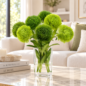Green Real Touch Dianthus Arrangement, Modern Home/Office Decor, Artificial Faux Flower Centerpiece in Glass Vase for Home Decor Floral Gift