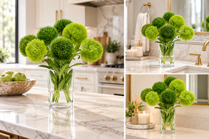 Green Real Touch Dianthus Arrangement, Modern Home/Office Decor, Artificial Faux Flower Centerpiece in Glass Vase for Home Decor Floral Gift