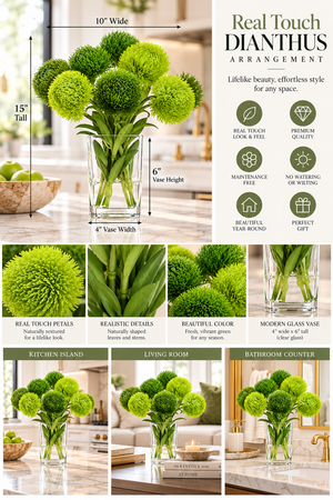 Green Real Touch Dianthus Arrangement, Modern Home/Office Decor, Artificial Faux Flower Centerpiece in Glass Vase for Home Decor Floral Gift