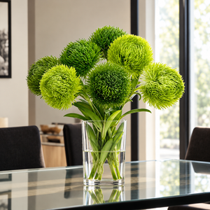Green Real Touch Dianthus Arrangement, Modern Home/Office Decor, Artificial Faux Flower Centerpiece in Glass Vase for Home Decor Floral Gift