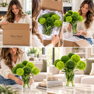 Green Real Touch Dianthus Arrangement, Modern Home/Office Decor, Artificial Faux Flower Centerpiece in Glass Vase for Home Decor Floral Gift