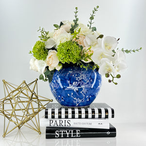 White Peonies, Orchids, Rose, Arrangement Artificial Faux Centerpiece, Unique Custom Floral Decor, Silk & Real Touch Flowers Blue Vase Home Decor