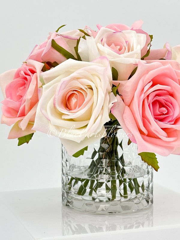 Pink/Blush Pink Mix Real Touch Roses Arrangement in Vase, French Country Artificial Flowers Faux Floral Home Decor Realistic, Birthday/Wedding Decor Blue Paris