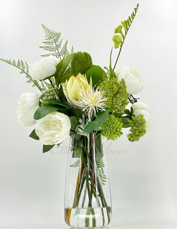 32” Unique French Floral Arrangement, White Silk Peonies, Greens Artificial Flower Centerpiece Faux Silk Arrangement Glass Vase Flower Decor