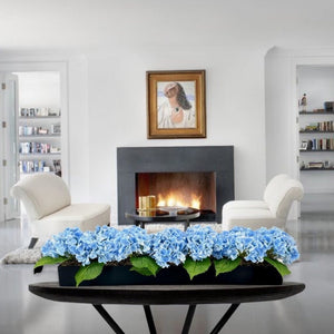 Blue Modern Long REAL TOUCH Hydrangeas Arrangement Artificial Faux Centerpiece Floral Flower Arrangement Silk Flowers Black Vase French Decor