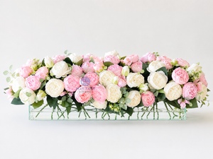 Modern Long White and Pink Rose Peony Arrangement, Artificial Faux Centerpiece Floral Flower Arrangement, Silk Flowers Glass Vase Home Decor