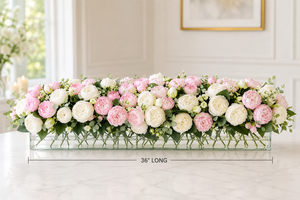 Modern Long White and Pink Rose Peony Arrangement, Artificial Faux Centerpiece Floral Flower Arrangement, Silk Flowers Glass Vase Home Decor