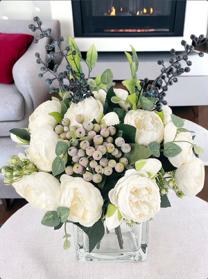 White Peonies/Berries/Blueberries Arrangement, Artificial Faux Centerpiece Faux Floral Silk Flowers in Glass Vase for Home Decor Blue Paris