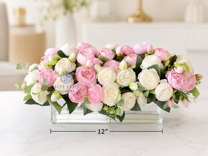 Modern Long White and Pink Rose Peony Arrangement, Artificial Faux Centerpiece Floral Flower Arrangement, Silk Flowers Glass Vase Home Decor