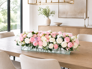 Modern Long White and Pink Rose Peony Arrangement, Artificial Faux Centerpiece Floral Flower Arrangement, Silk Flowers Glass Vase Home Decor