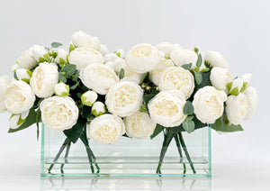 Modern Long White Rose Peony Arrangement, Artificial Faux Centerpiece Floral Flower Arrangement, Silk Flowers Glass Vase Home Decor
