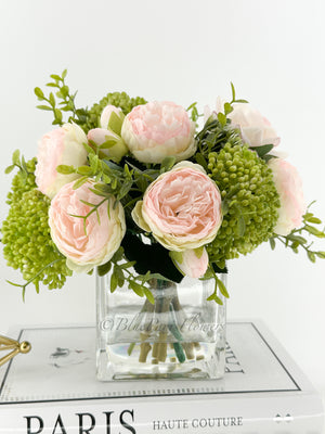 LT Pink Peonies and Green/Pink Real Touch Rose, Berries, Arrangement Artificial Faux Centerpiece, French Floral Flowers in Vase Home Decor