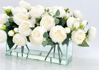 Modern Long White Rose Peony Arrangement, Artificial Faux Centerpiece Floral Flower Arrangement, Silk Flowers Glass Vase Home Decor