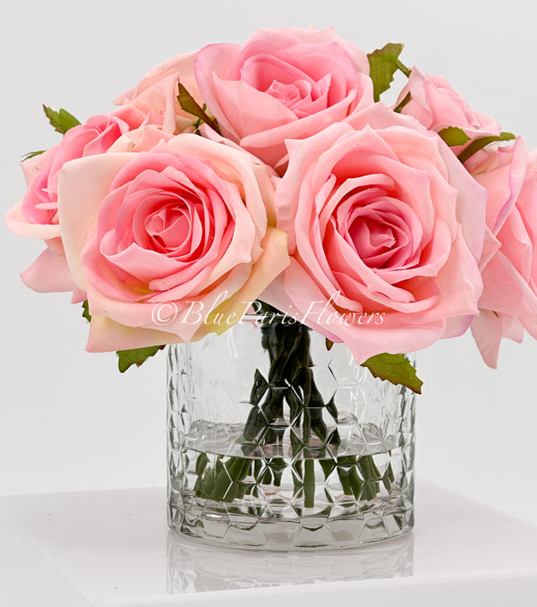 Pink Real Touch Roses Arrangement in Vase, French Country Artificial Flowers Faux Floral Home Decor Realistic, Birthday/Wedding Decor Blue Paris