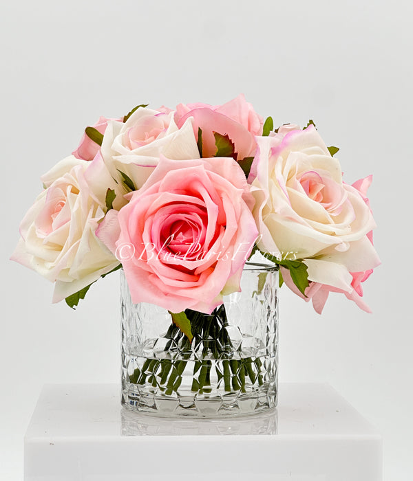 Pink/Blush Pink Mix Real Touch Roses Arrangement in Vase, French Country Artificial Flowers Faux Floral Home Decor Realistic, Birthday/Wedding Decor Blue Paris