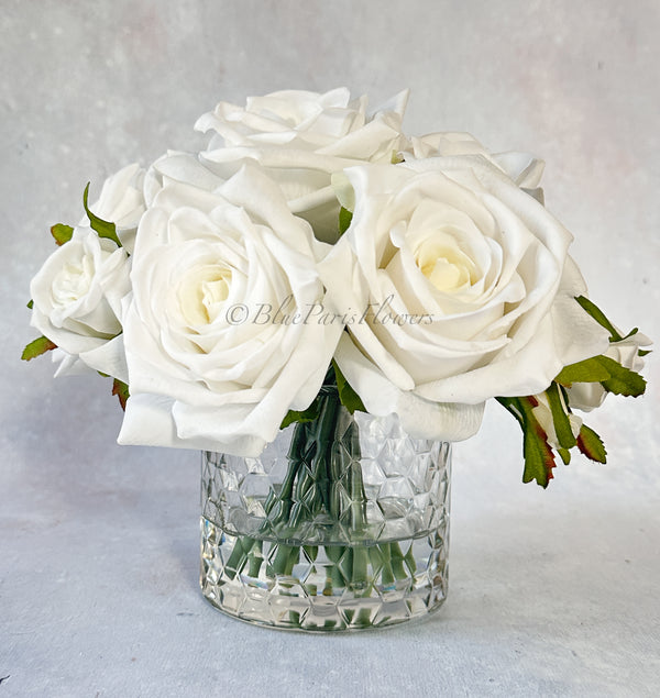 White Real Touch Roses Arrangement in Vase, French Country Artificial Flowers Faux Floral Home Decor Realistic, Birthday/Wedding Decor Blue Paris