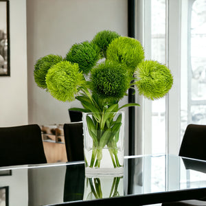 Green Real Touch Dianthus Arrangement, Modern Home/Office Decor, Artificial Faux Flower Centerpiece in Glass Vase for Home Decor Floral Gift