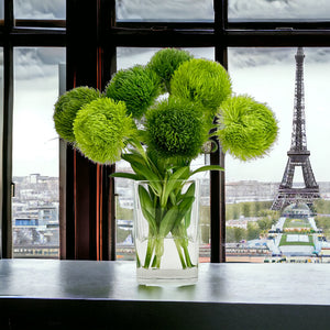 Green Real Touch Dianthus Arrangement, Modern Home/Office Decor, Artificial Faux Flower Centerpiece in Glass Vase for Home Decor Floral Gift