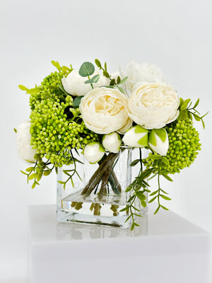 White Peonies and Green/White Real Touch Rose, Berries, Arrangement Artificial Faux Centerpiece, French Floral Flowers in Vase Home Decor