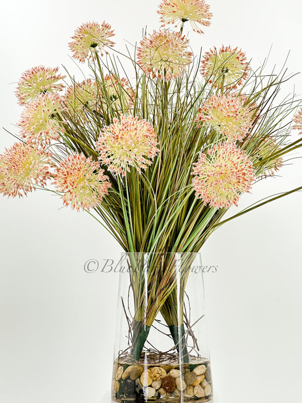 30” Dandelion/Allium Floral Arrangement, Light Pink Large Silk Artificial Flower Centerpiece, Faux Silk Glass Vase, Flower Decor Blue Paris