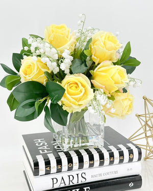 Yellow Real Touch Roses Arrangement, Artificial Faux Centerpiece, Unique French Flowers Valley Lillies in Glass Vase Home Decor Floral Gift