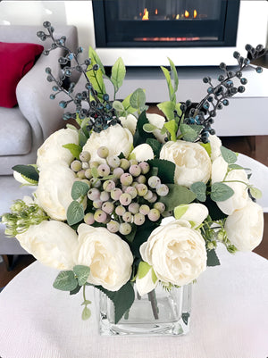 White Peonies/Berries/Blueberries Arrangement, Artificial Faux Centerpiece Faux Floral Silk Flowers in Glass Vase for Home Decor Blue Paris