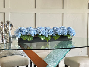 Blue Modern Long REAL TOUCH Hydrangeas Arrangement Artificial Faux Centerpiece Floral Flower Arrangement Silk Flowers Black Vase French Decor