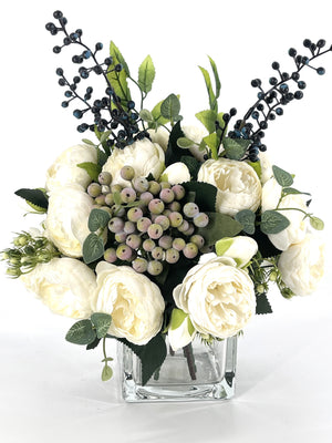 White Peonies/Berries/Blueberries Arrangement, Artificial Faux Centerpiece Faux Floral Silk Flowers in Glass Vase for Home Decor Blue Paris