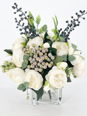 White Peonies/Berries/Blueberries Arrangement, Artificial Faux Centerpiece Faux Floral Silk Flowers in Glass Vase for Home Decor Blue Paris