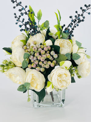 White Peonies/Berries/Blueberries Arrangement, Artificial Faux Centerpiece Faux Floral Silk Flowers in Glass Vase for Home Decor Blue Paris