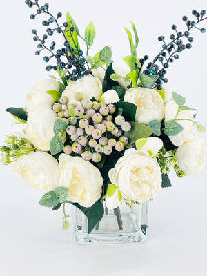 White Peonies/Berries/Blueberries Arrangement, Artificial Faux Centerpiece Faux Floral Silk Flowers in Glass Vase for Home Decor Blue Paris